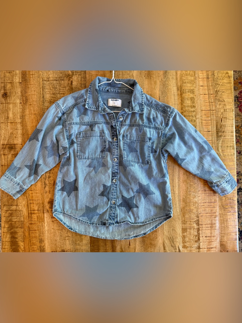 Old Navy Girls Size M 8 Star Print Chambray Denim Button Down Shirt Blue